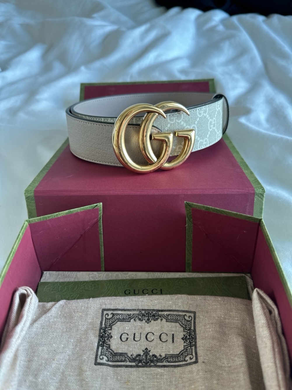 Gucci Beige GG Canvas Belt with Gold Double G Buckle